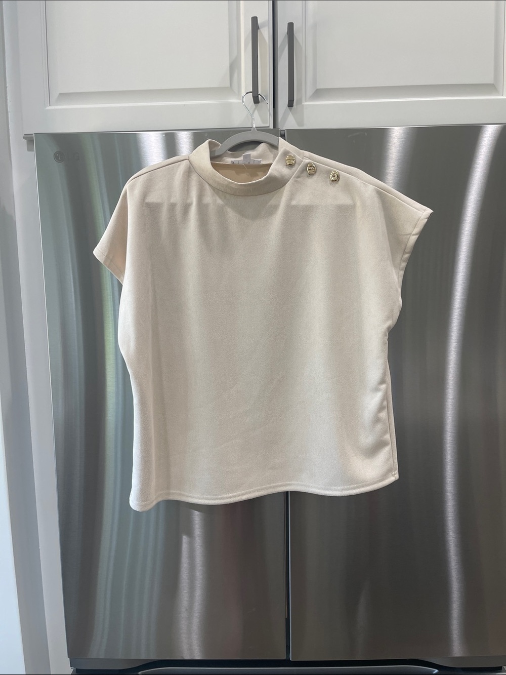 THML Suede Cream High Neck Cap Sleeve Top with Gold Shoulder Buttons